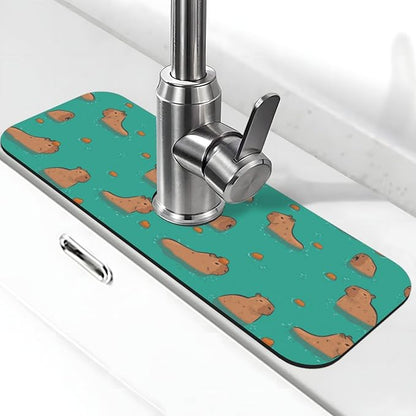 Cute Capybara Play Eat Food Kitchen Sink Splash Guard Faucet Mat Super