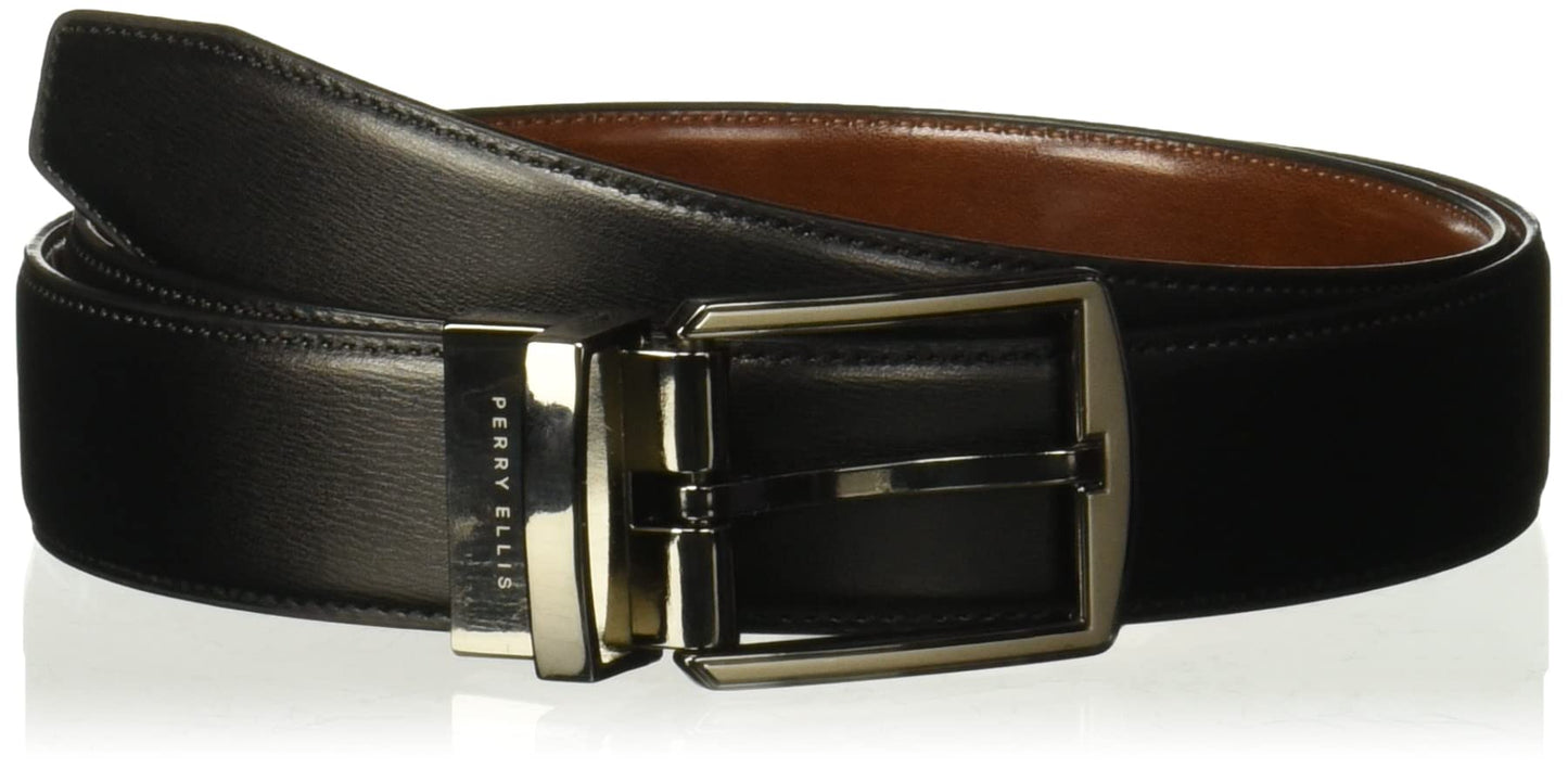 Perry Ellis Men’s Portfolio Hi-lo Reversible Leather Dress Belt, Matte, Stitched Edges Silver Prong Buckle, Hi-Lo Black/Brown, 44