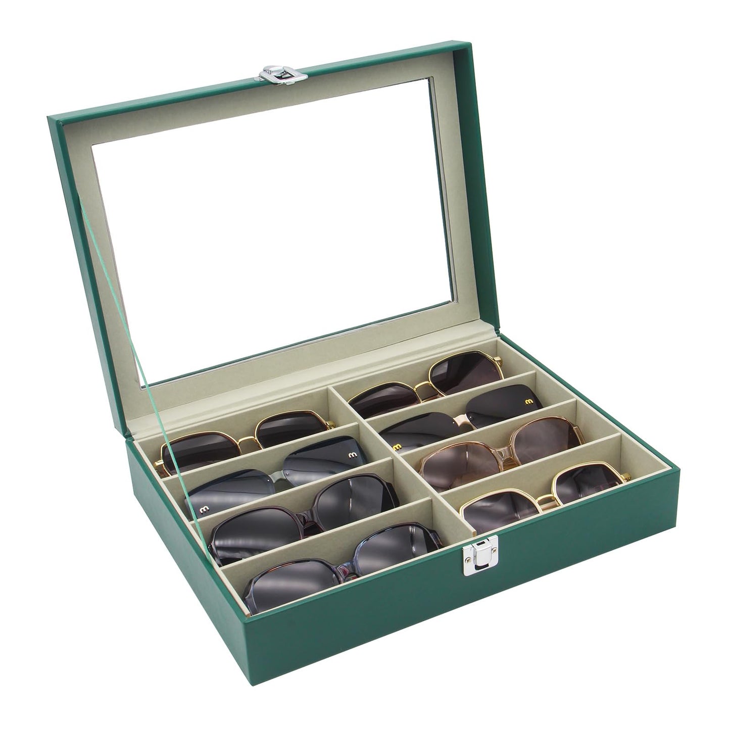 CECOBAG 8 Slots Sunglass Organizer with Clear Top Lid – PU Leather Glasses Case Display Tray, Removable Dividers, Also Suitable for Jewelry Storage-Green