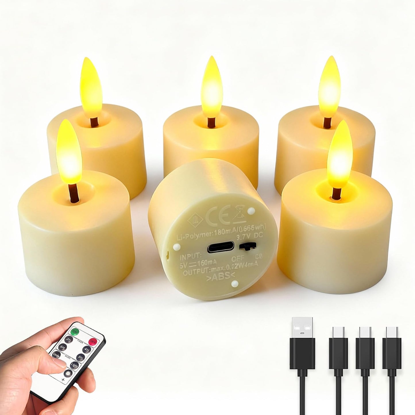 Utwickeln Rechargeable Flameless Candles (6-Pack, 1.5"×2" Each), 60H+ Runtime, Real Flame Effect, Battery-Free LED Pillar Candles for Soccer Watch Party, Home Decor, Wedding, Gift