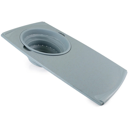 Dexas Over the Sink PolyFiber Flax Cutting Board with Collapsible Colander Strainer, 11.5 x 20", Smoke Blue