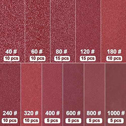 AUSTOR 100 Pieces Triangle Sanding Pads Triangular Sandpaper Sanding Sheets Fit for 3-1/8 Inch Oscillating Multi Tool Hook and Loop Assorted 40/60/80/120/180/240/320/400/600/800/1000 Grits, No Holes