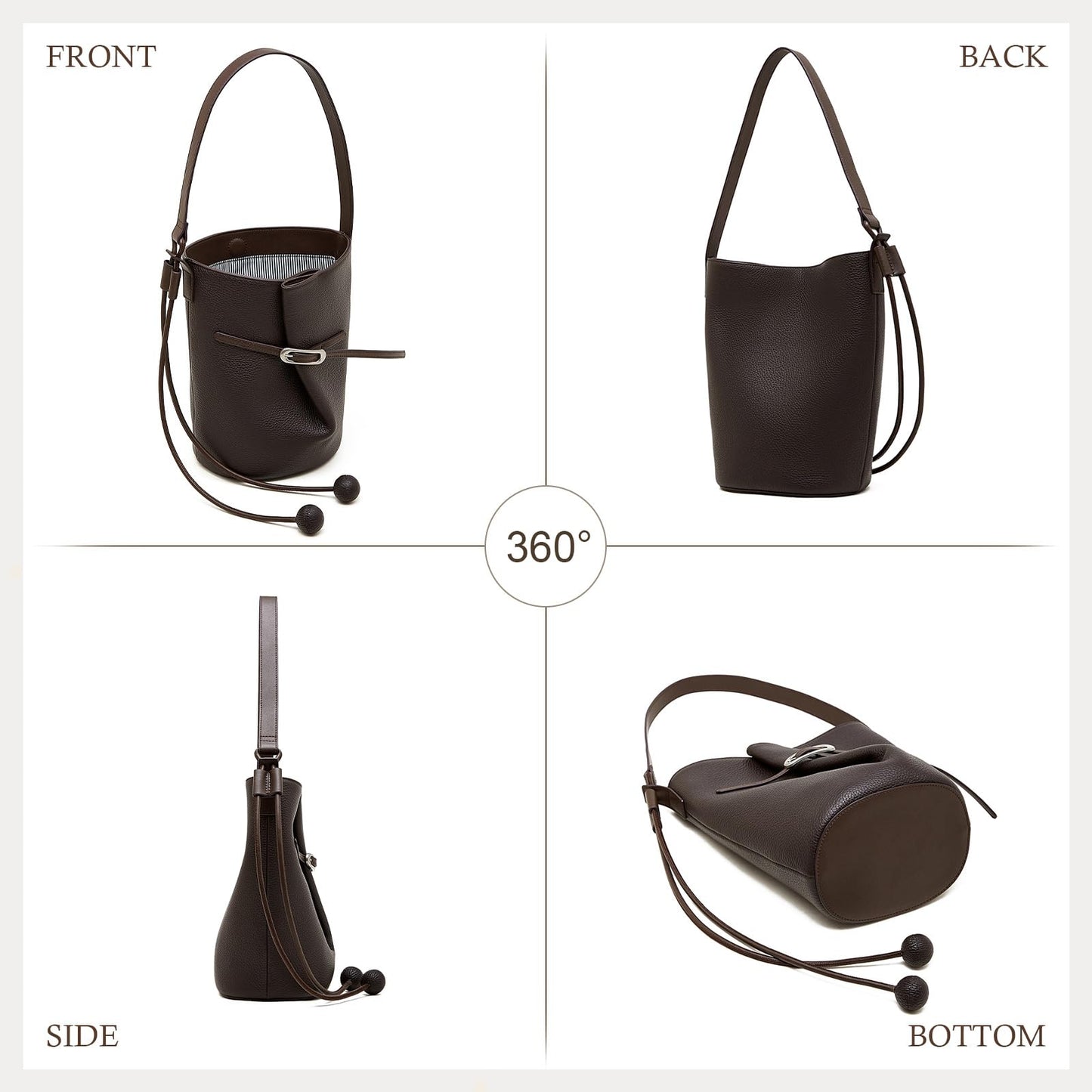 MoreFarther Genuine Leather Bucket Bag for Women, Adjustable Shoulder Bag for Work, Travel, Everyday Use (Black)