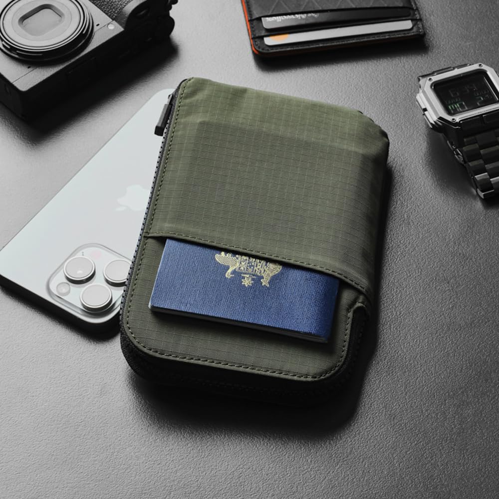 ALPAKA Zip Travel Wallet Green Axoflux 210D - RFID Passport Holder - Self Locking Zipper - Tear Resistant Material - Four Pockets and Two Card Slots - HUB Accessories Compatible