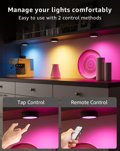 USB Rechargeable RGB Puck Lights with Remote, Black Color Changing Battery Powered Tap Light Classroom Magnetic Push light Stick On Closet lamp Wireless LED Shelf Lighting Under Cabinet Touch Lights