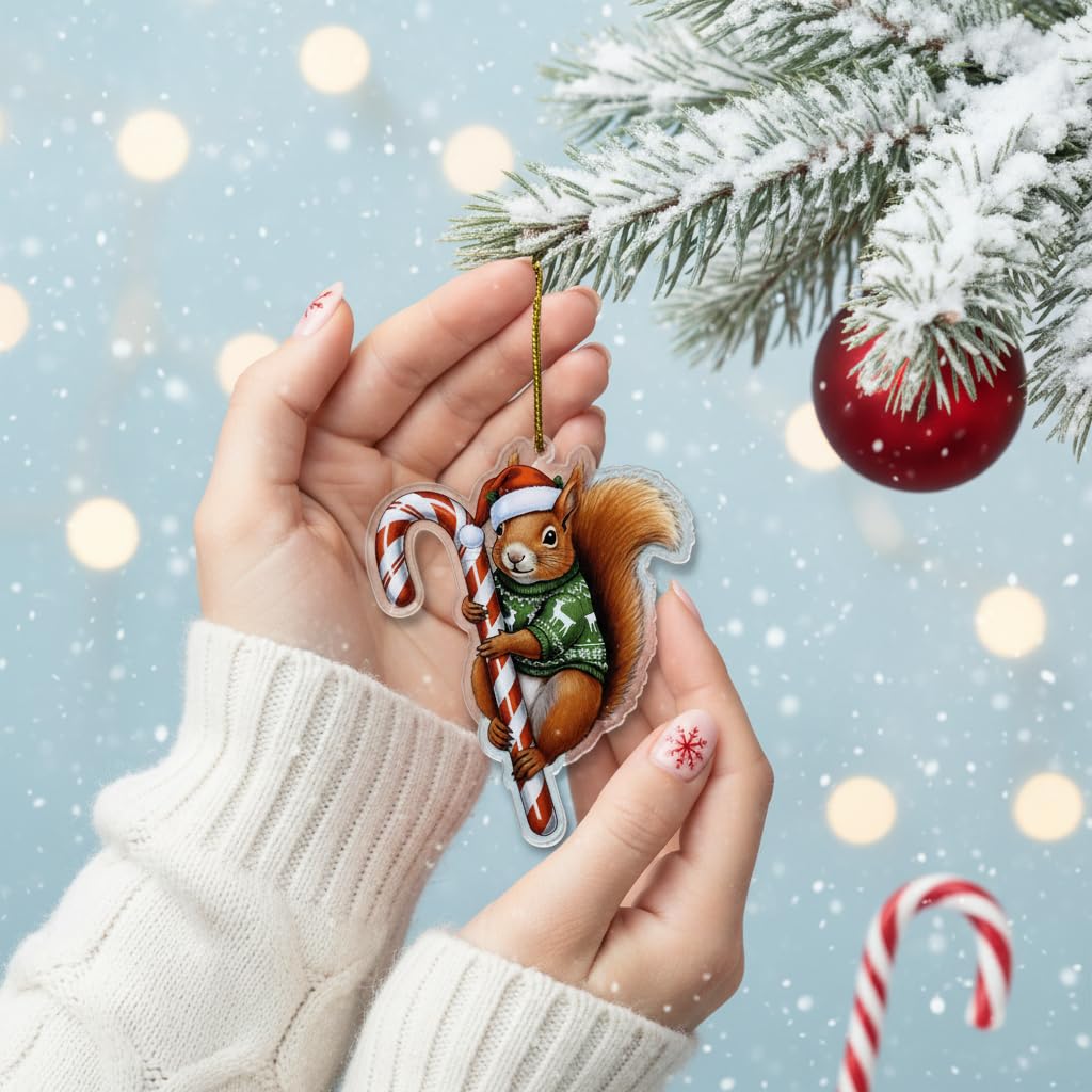 Cute Red Squirrel Hugging Candy Cane 2D Flat Acrylic Ornament - Christmas Tree Decoration, Squirrel Gifts 2025