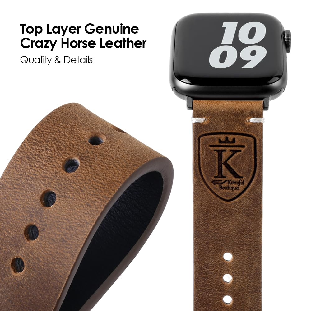 KONAFEI Band Compatible with Apple Watch Ultra 2/1 49mm 46mm 45mm 44mm 42mm 41mm 40mm 38mm Series 10/9/8/SE/7/6/5/4/3/2, Vintage Leather iWatch Strap for Men Women (38/40/41mm, Classic Crazy-Horse Leather-Yellow Brown)