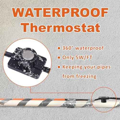 Cupohus Heat Tape for Water Pipes with Thermostat 30FT, Freeze Protection Self-Regulating Heat Trace Cable for Metal, Plastic Home Pipes, Roof and RV