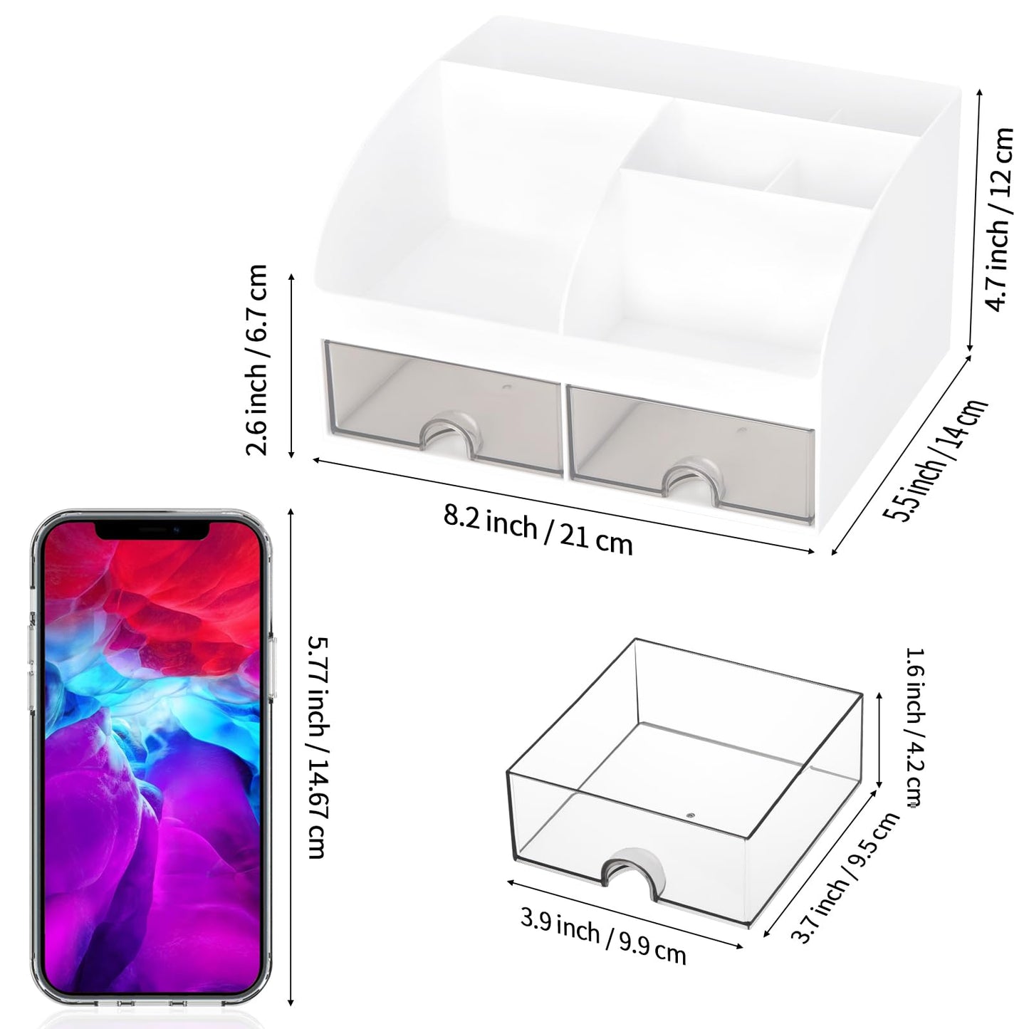 Office Desk Organizer with Drawers for Desktop/Tabletop/Counter, Desk Top Accessories Stationary Organizer Desk Caddy, Pen/Pencil/Business Card/Sticky Note Tray/Paperclip Holder Storage Box (White)