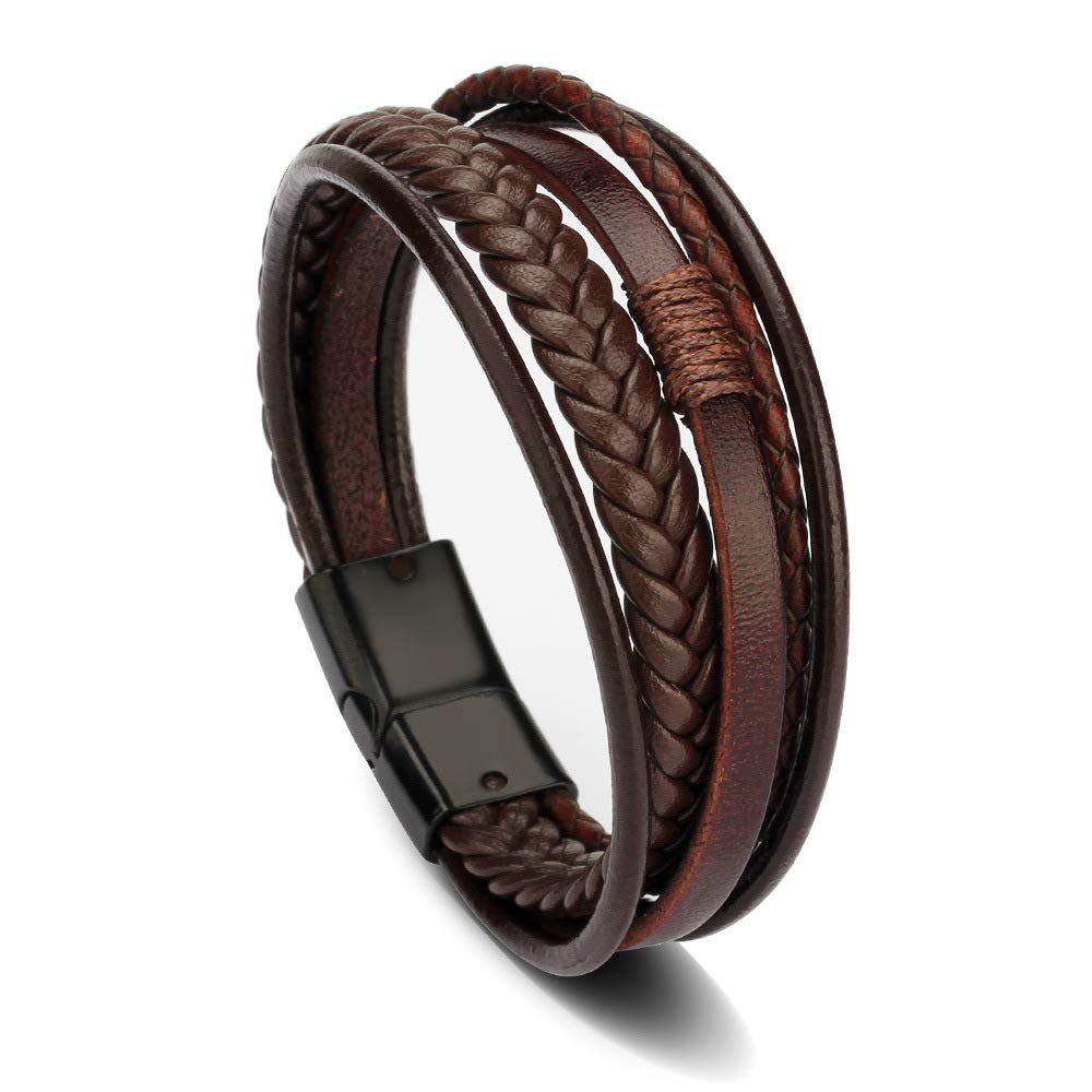 Arcutina Men's Black Leather Multi-Strand Bracelet Casual Brown Braided Bracelet (Brown with Black clasp, Length 8.3'')