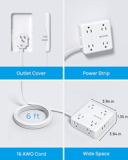 TROND Flat Outlet Cover Extender - 6FT Flat Extension Cord with 8 Outlet and 4 USB, Ultra-Thin Power Strip Cord Concealer with 1700 Surge Protector, Idea for Home Improvement to Hide TV Messy Cord