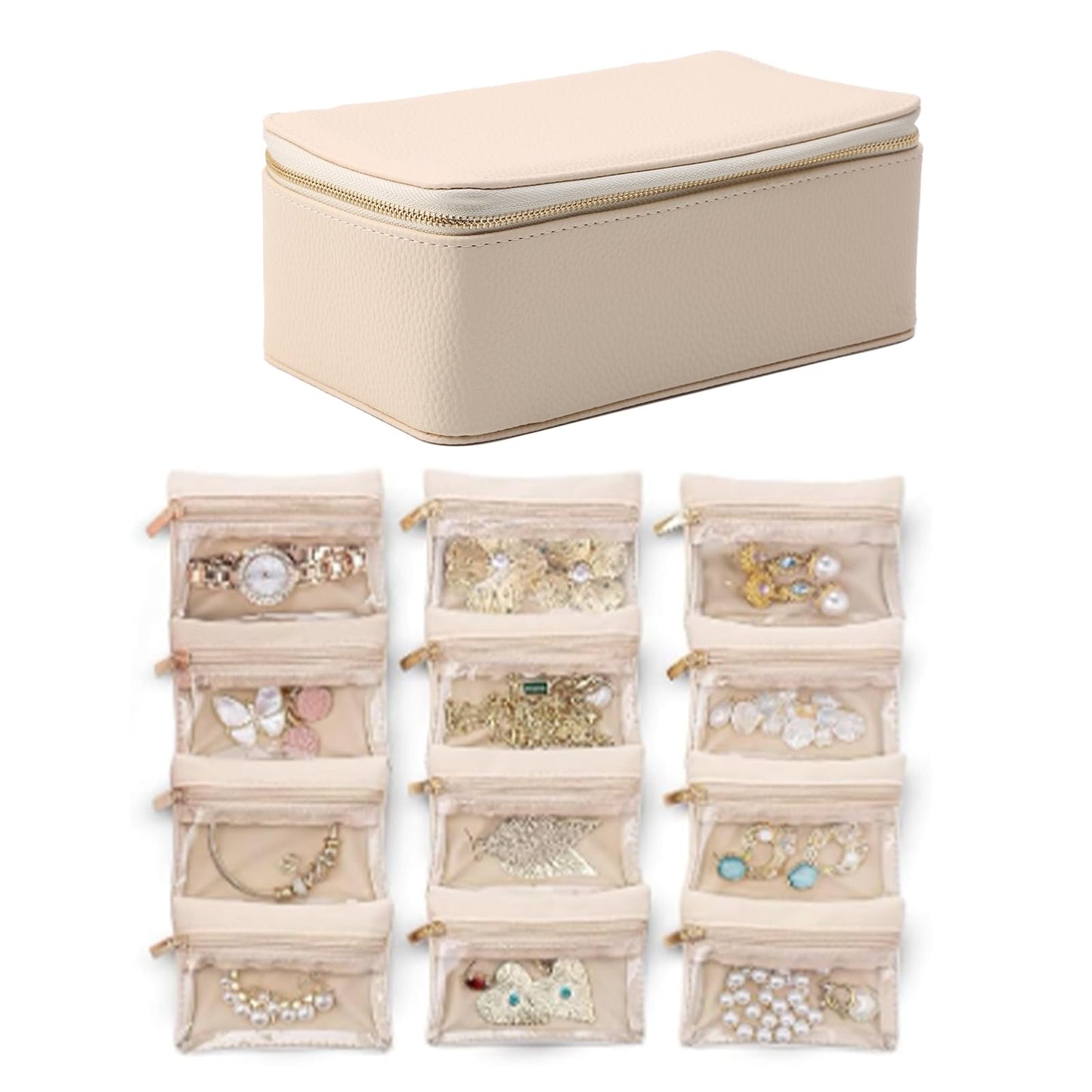 Zjyufy Portable Jewelry Organizer with 12 Velvet Pouches - Travel Jewelry Case for Women, Faux Leather Display Box for Earrings Rings Necklaces Bracelets, Wedding Gift, Hotel Storage Solution