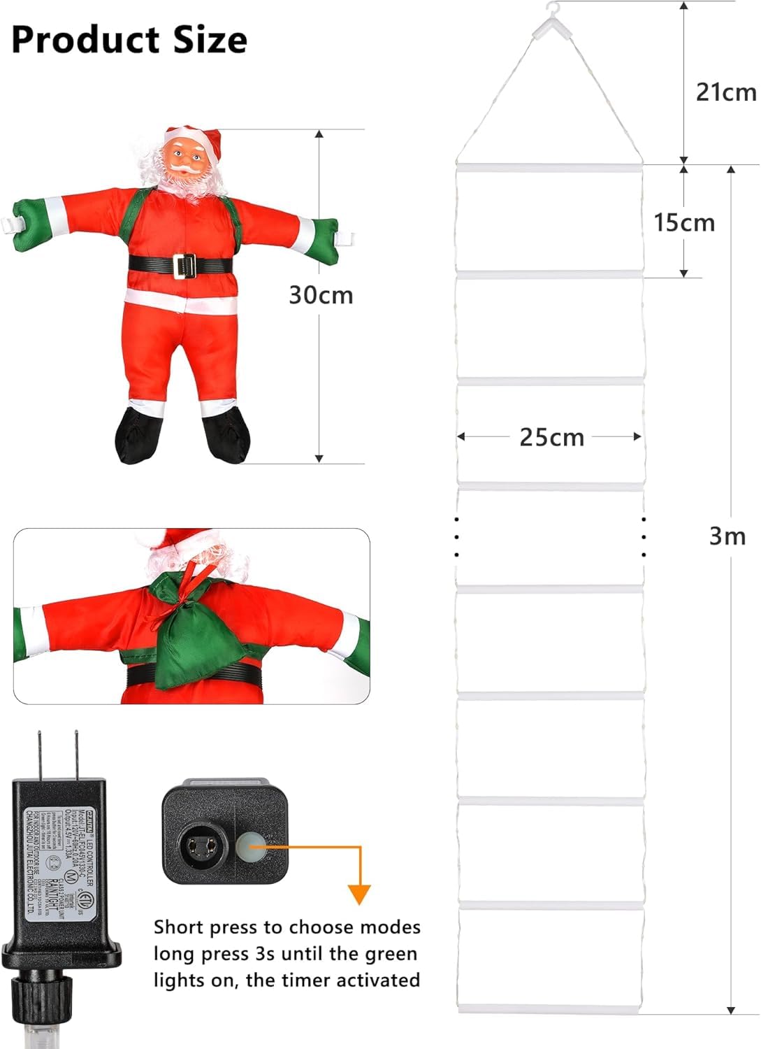 Christmas Decorations LED Ladder Lights with Climbing Santa Claus, 10ft Outdoor Christmas Decorative Light - 8 Modes Xmas Lights Tree for Home Holiday Wall Window Xmas Decor (Red & Green)