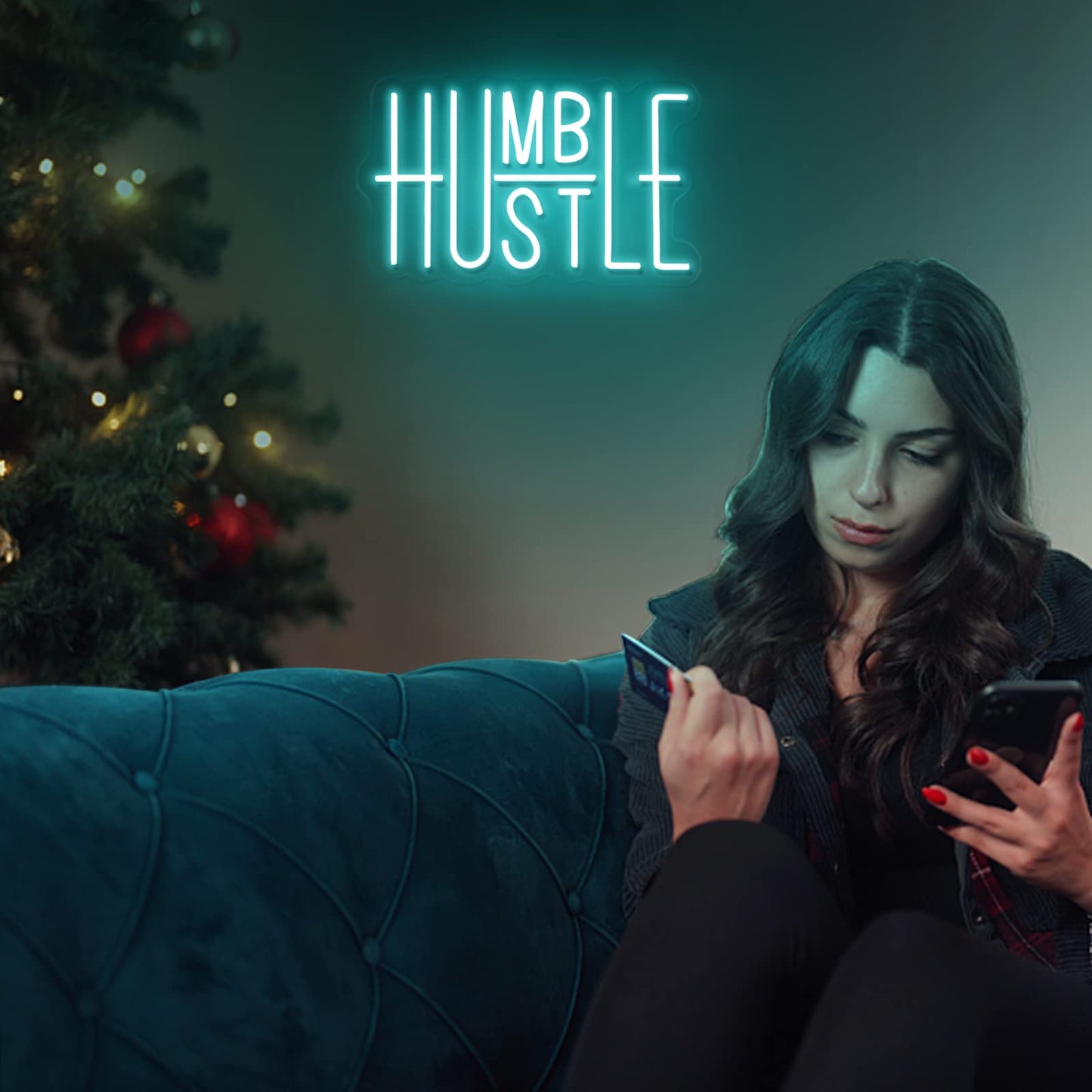 Hustle Words LED Neon Lights Party Decorations, USB Powered Switch LED Neon Lights Brightness Adjustable for Office Room, Gym Room, Man Cave, Gamer Room Decor (Blue)