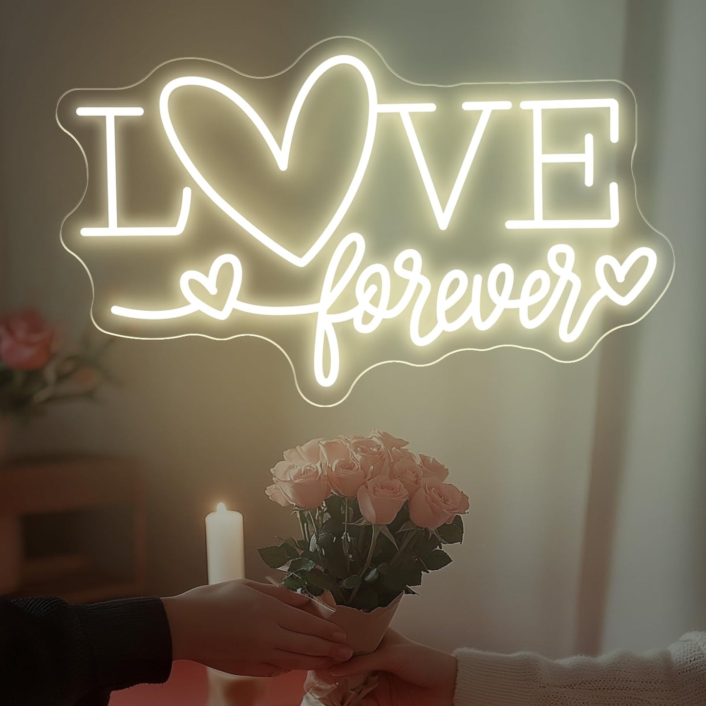 Love Forever Heart Neon Sign, Wedding Party LED Neon Light Valentine's Day Wedding Backdrop Decor Gift For Lover Valentine's Day Gift, LED Romantic Light, Couple Space Accent-Warm White-16.5"