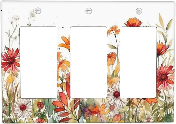 Watercolor Wild Flower Floral Triple Rocker Light Switch Covers 3 Gang Outlet Wall Plate Cover Decorative Switchplate Faceplate GFCI for Nursery Bedroom Bathroom Decor