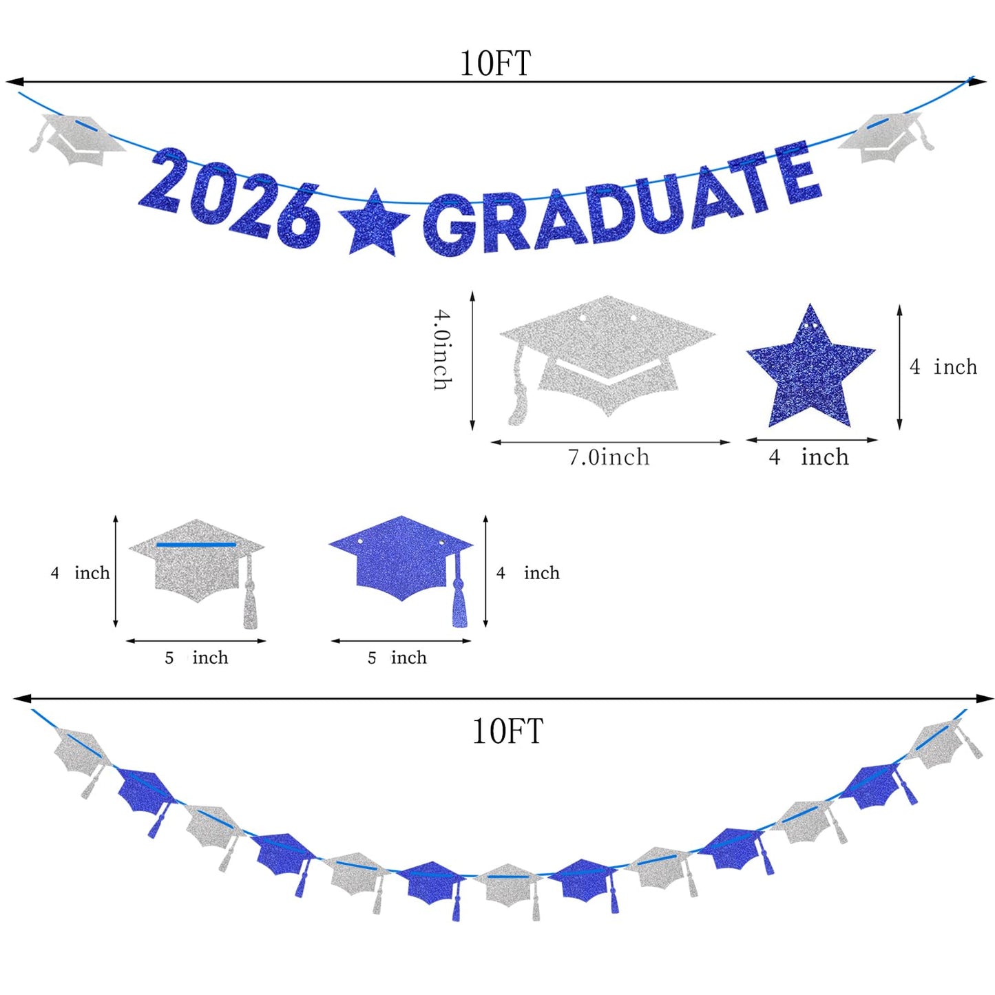 Navy-Blue White-Silver Party-Decoration Graduation Banner - 8pcs Kits Cap Garland Streamers, Paper Tissue Pom Poms Flowers, 2026 Craduate Banner Congratulations Grad Decor Lasting Surprise