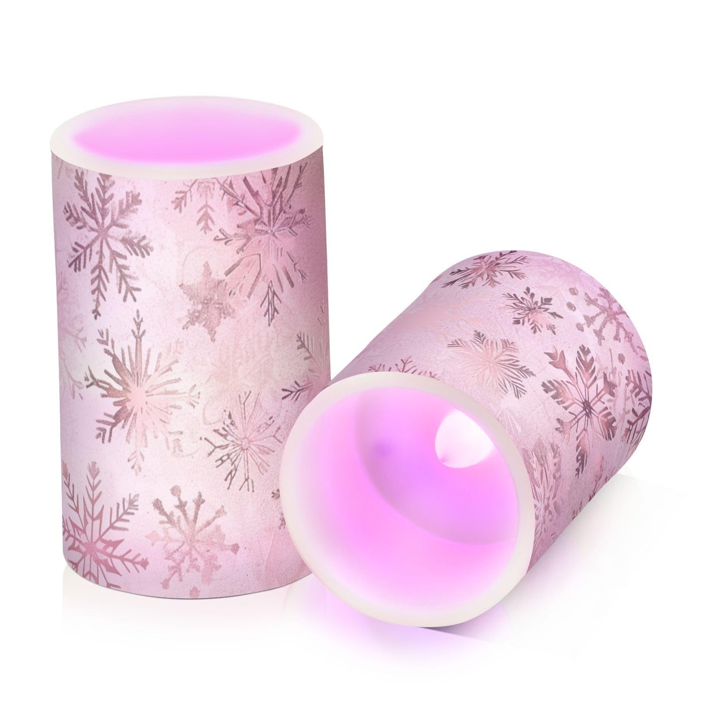 senya Christmas Lights Flameless Candles Seamless Pattern Rose Gold Snowflakes Pillar Candles Set of 2 Battery Operated Remote Control Warm Lights Home Decor