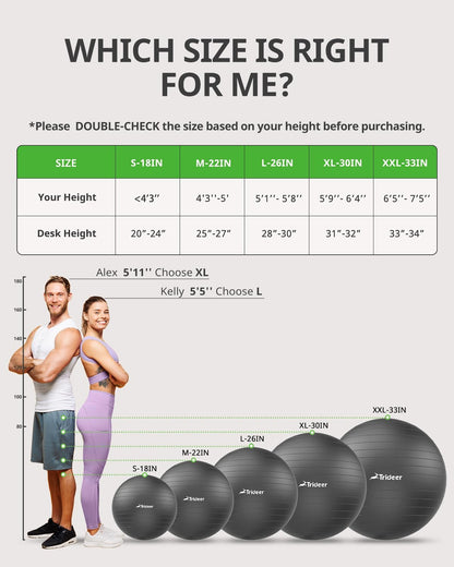 Trideer Extra Thick Yoga Ball Exercise Ball, 5 Sizes Gym Ball, Heavy Duty Ball Chair for Balance, Stability, Pregnancy, Quick Pump Included