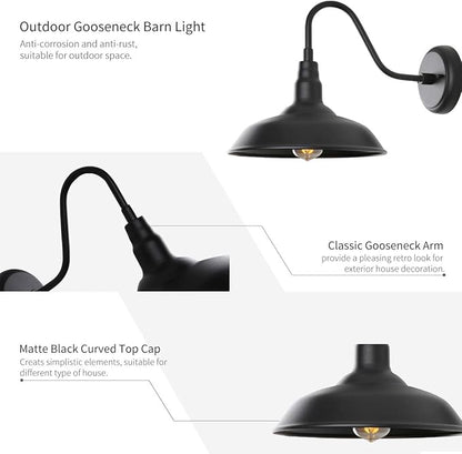 10in Black Gooseneck Barn Lights 4 Pack Farmhouse Barn Wall Mount Light Fixture Exterior Waterproof Industrial Porch Wall Sconce for Garage, Patio, Doorway, LM2201-4P