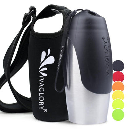 VIVAGLORY Dog Water Bottle & Bottle Holder with Strap Combo for Travel & Walking, Carrier with Adjustable Shoulder Strap, Portable & Stainless Steel for Pet Puppy, 25oz, Black