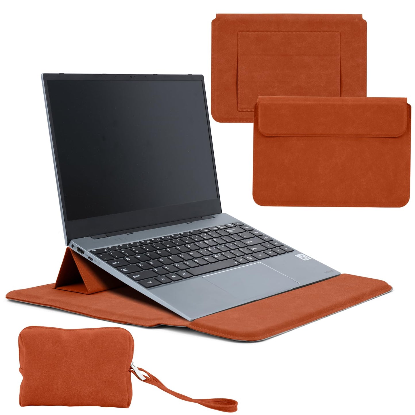 PinnWaa 13.3-14 Inch Laptop Sleeve Case with Stand Feature, Matte PU Leather Slim Bag for MacBook Pro 14/MacBook Air 13/13.3'' 2026-2021/Dell/Lenovo/HP/ASUS/Huawei Laptop Protective Cover (Orange)