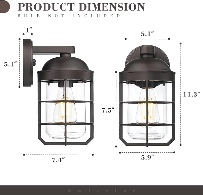 Emliviar Farmhouse Wall Mount Outdoor Lighting, Nautical Exterior Light Fixture Metal with Clear Glass, Outside Light in Oil Rubbed Bronze Finish for Garden & Porch, GE255BL ORB