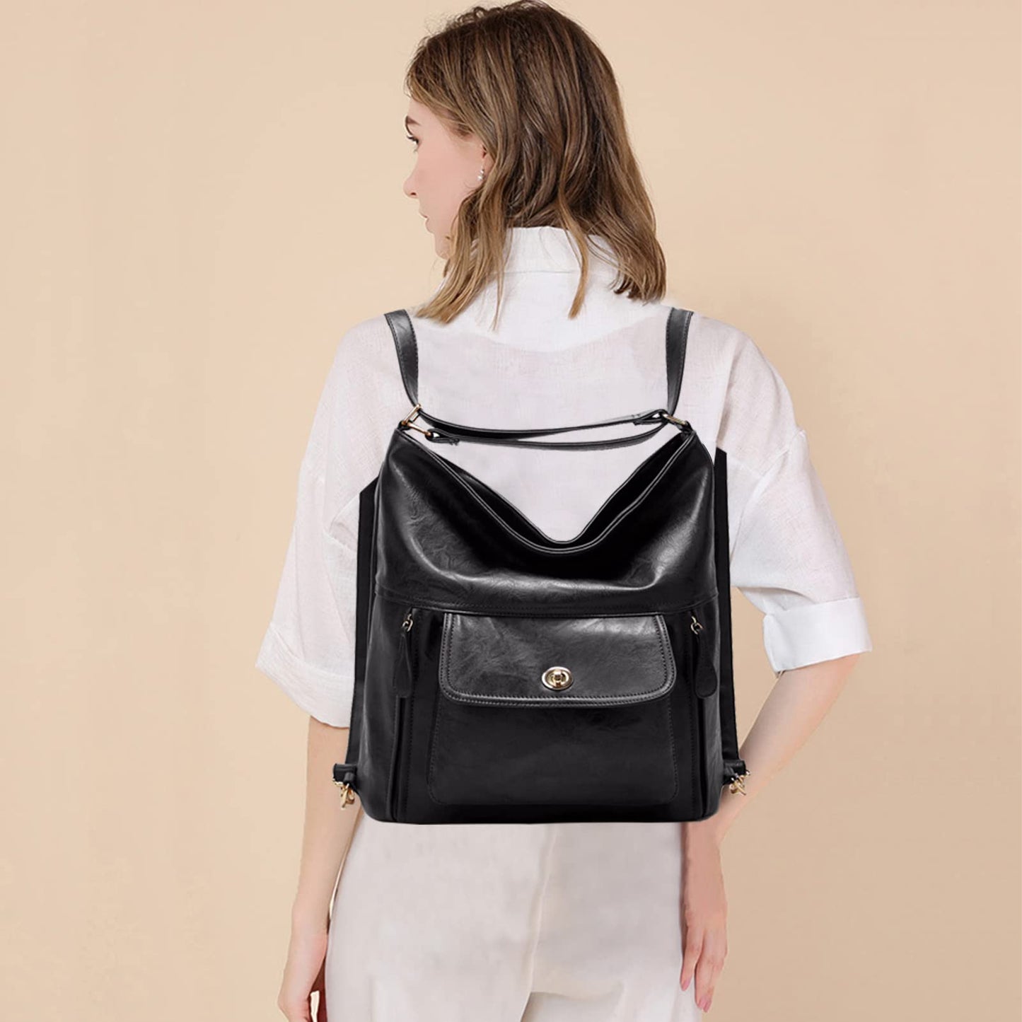 myfriday Vintage Leather Fashion Backpack Purse for Women Large Capacity Convertible Backpack Travel Daily Daypack (Black)
