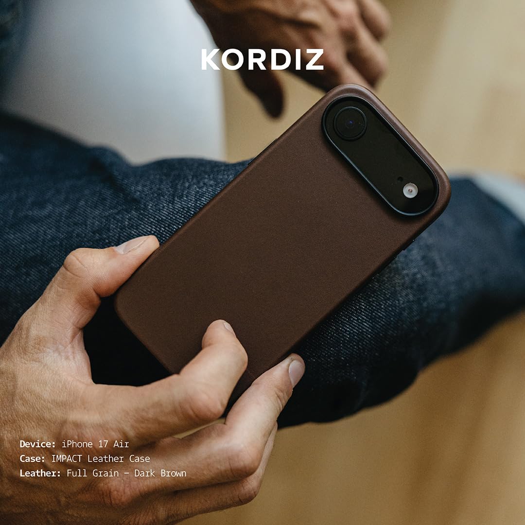 KORDIZ Impact Leather Case for iPhone 17 Air – Full-Grain Leather MagSafe Case with Camera Control Button – 360° Shockproof Bumper – Rugged Patina-Ready Protection – Slim Grip Cover (Dark Brown)