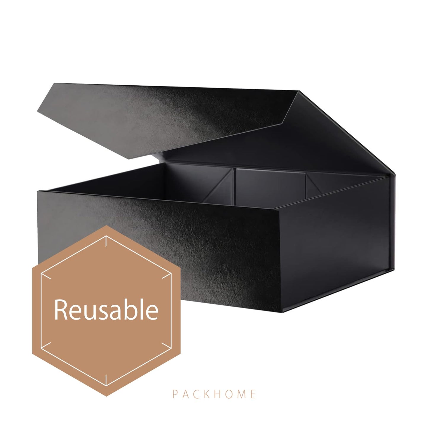 PACKHOME 6 Large Gift Boxes with Lids 13.5x9x4.1 Inches, Sturdy Collapsible Gift Boxes with Magnetic Closure (Glossy Black, Grass Texture)