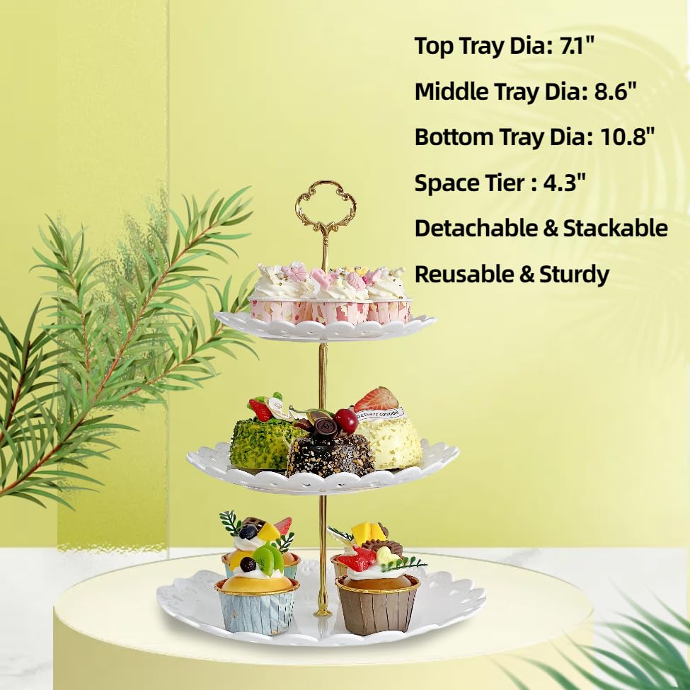 RAUVOLFIA 2 Pack of Plastic Round & Square Dessert Cupcake Stand, 3 Tier Cup Cake Holder Tower for Tea Party/Birthday/Wedding, Plastic Tiered Serving Tray (White)