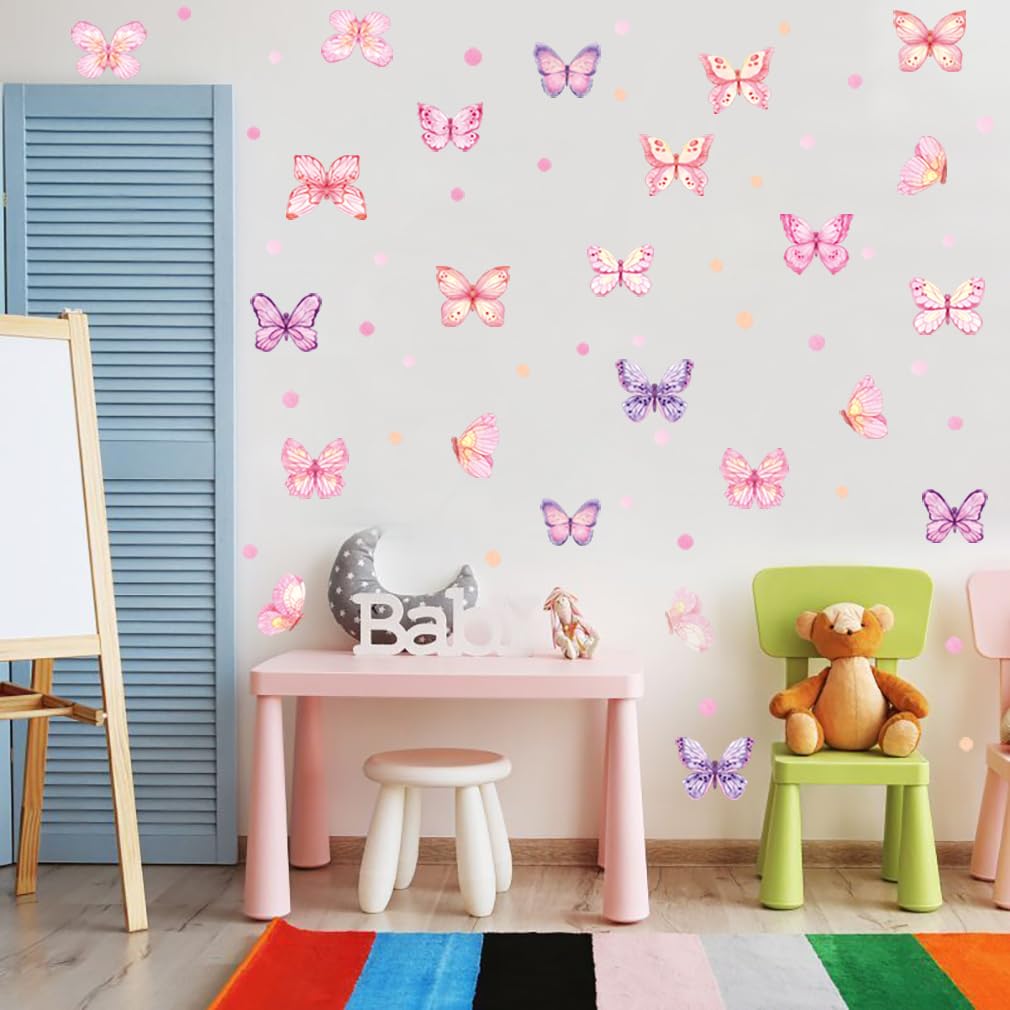 XUOIAYNB Pink Butterfly Wall Stickers,Butterflies with Plot Dots Vinyl Wall Decals, Removable Butterfly DIY Wall Art for Girl Bedroom Nursery Room Decor