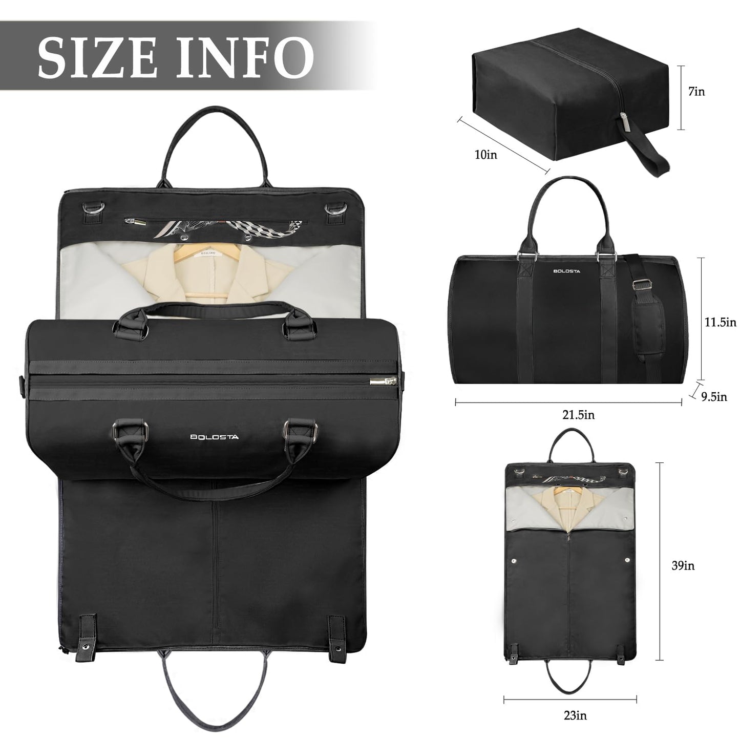 3Pcs Garment Duffle Bags for Travel Convertible Carry on Garment Bag for Women Men Travel Duffle Bag Includes Shoe Pouch & Hanging Suit Bag for Clothes/Dresses, Black
