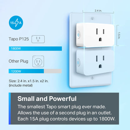 TP-Link Tapo Matter Supported Smart Plug Mini, Compact Design, 15A/1800W Max, Super Easy Setup, Works with Apple Home, Alexa & Google Home, UL Certified, 2.4G Wi-Fi Only, White, Tapo P125M(3-Pack)