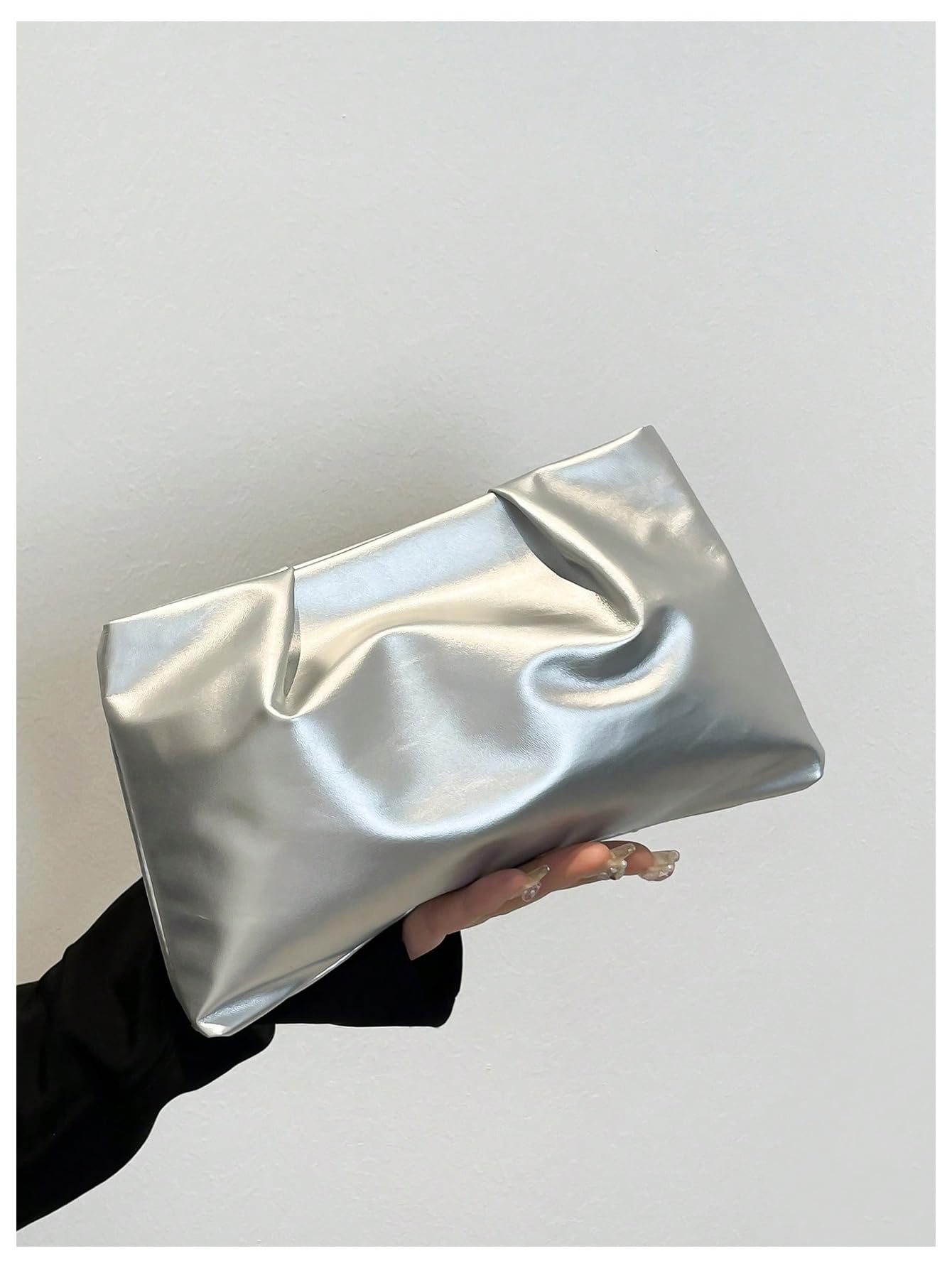 OYOANGLE Women's PU Leather Clutch Purses Small Zipper Ruched Minimalist Handbag Silver One Size