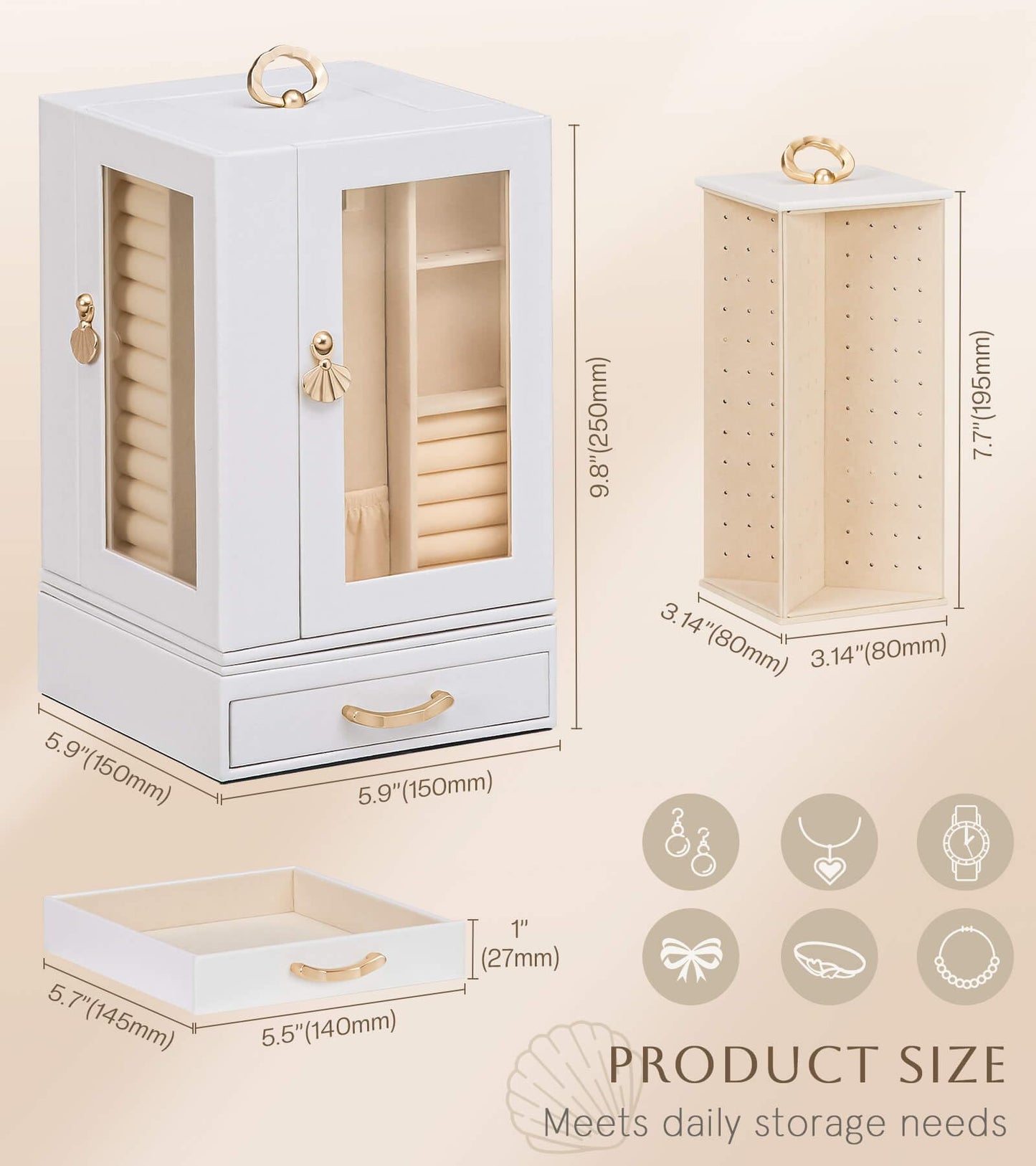 Enthralite Jewelry Box Large for Dresser: Women Necklace Ring Storage Organizer with Compartments - Elegant Earring Holder Display - 360° Rotating Jewelry Organizer with Glass Door