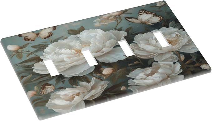 Decorative Art Light Switch Covers Butterflies & Peonies Quad Toggle 4 Gang Wall Plate Switch plate Electrical Faceplate for Home Decor