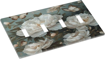 Decorative Art Light Switch Covers Butterflies & Peonies Quad Toggle 4 Gang Wall Plate Switch plate Electrical Faceplate for Home Decor