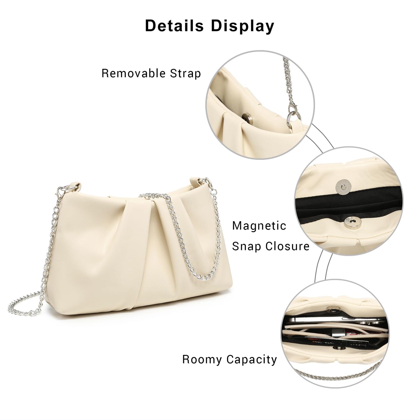 Dasein Elegant Pleated Evening Bag Soft Vegan Leather Clutch Purse Dressy Formal Handbag with 2 Chain Straps for Women (Apricot)