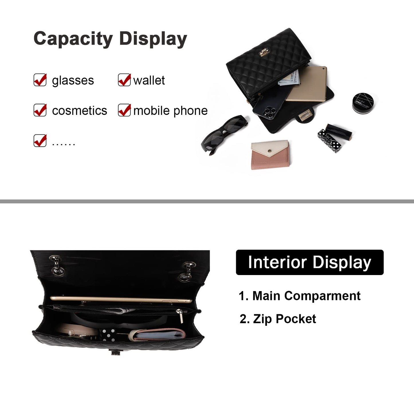 Gladdon Quilted Crossbody Purse for Women Trendy Ladies Shoulder Bag with Chain Designer Purses Black I