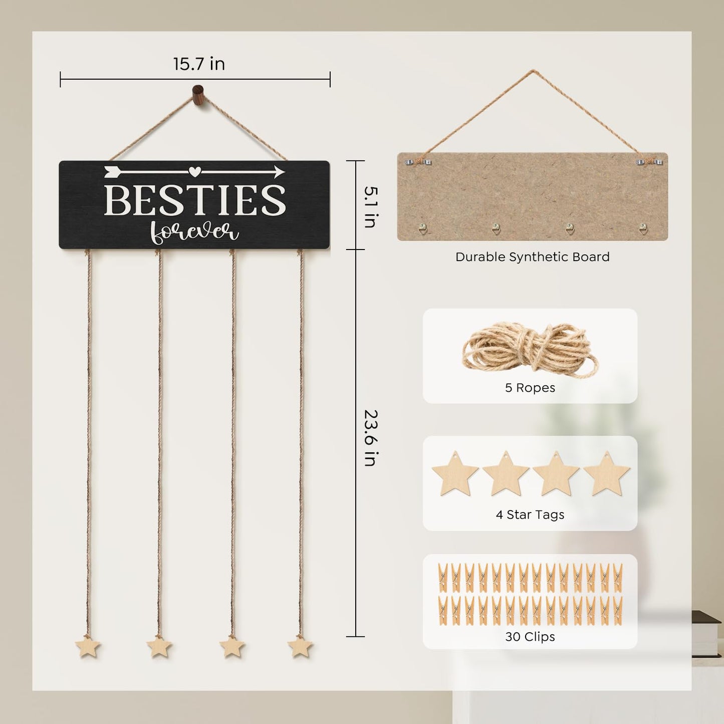 ELMCH Bestie Picture Frame Photo Hanging Display with Clips, Bestie Gifts for Women, Gifts for Besties Best Friends, Besties Forever Picture Board Photo Holder for Wall Decor