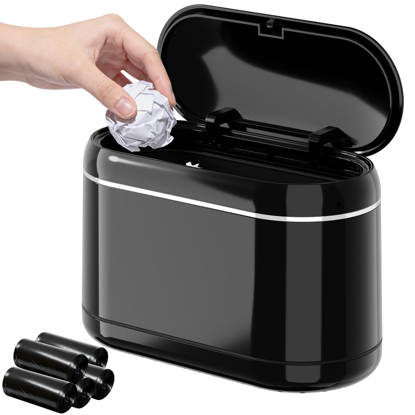 PAVSTINE Mini Trash Can for Desk with 5 Rolls of Trash Bags, Small Press-Top Countertop Garbage Bin, Removable Waste Basket for Bedroom, Vanity, Coffee Table, Kitchen (Black Full-Lid)