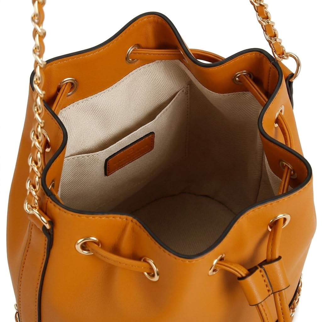 Rosvovo Leather Bucket Bag - Elegant Orange Drawstring Crossbody Purse for Women with Gold Chain Strap