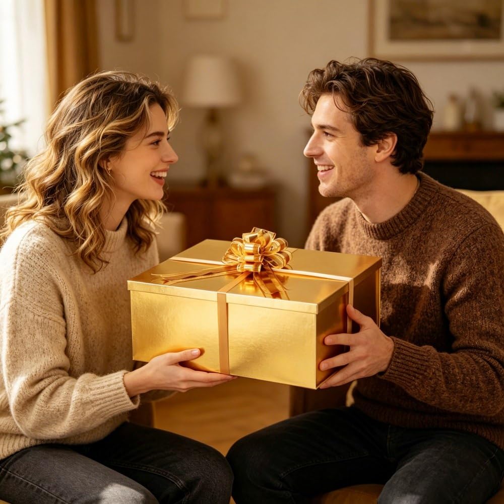 UoeRing Gold Extra Large Gift Box 1Pcs 22x17x9 inch,luxury Gift Box with Lid for Presents Birthday Christmas Valentine's Day (Contain Pull Bows,Card,Envelope,Filler)
