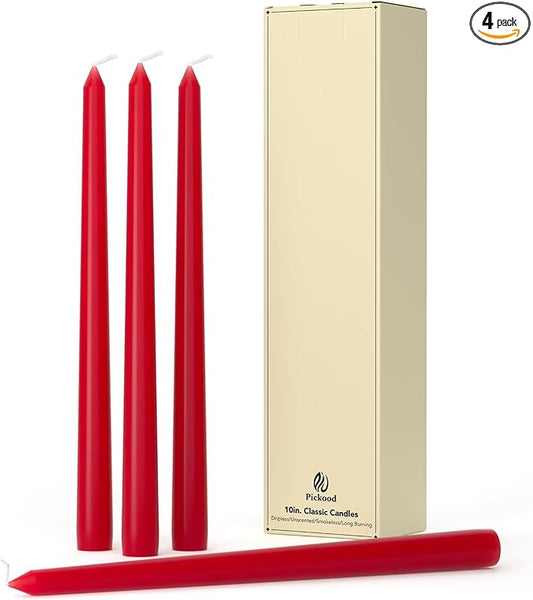 10-Inch Tall Dripless Taper Candles Set of 4 - Red Tapered Candles, Perfect for Christmas - Smokeless, Unscented, Long Burning - Hand Poured, Colored Tall Candlesticks - Bright Red