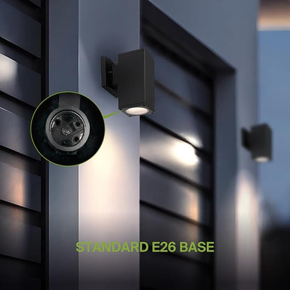 ASD 1 Light Square Dusk to Dawn Outdoor Wall Light Fixture | 60W E26 Socket 120V ETL Cylinder Up Down Lights | LED/CFL/Incandescent Bulb Exterior Wall Sconce | Front Door, Porch, Patio | Black, 6 Pack
