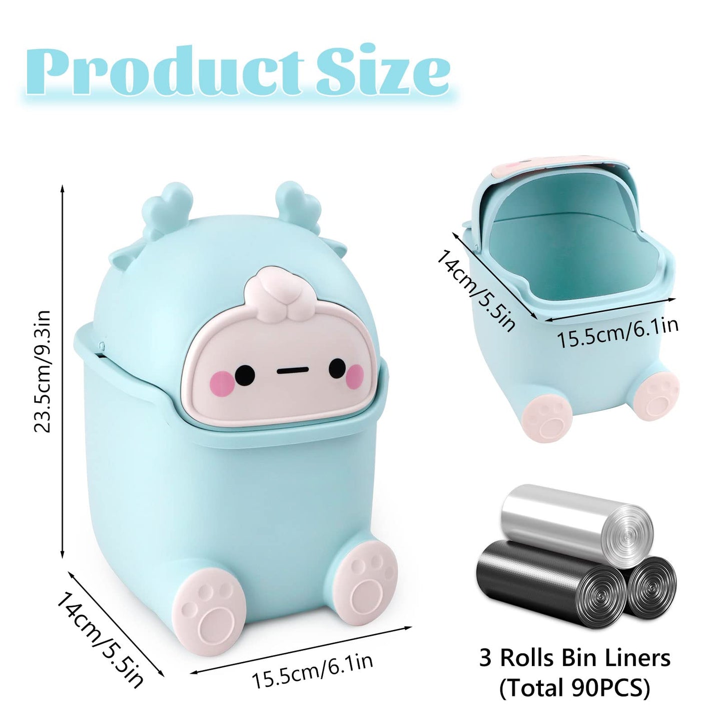QLFJ-FurDec Cute Desktop Trash Can Wastebasket with 90 Trash Bags, Creative Tiny Countertop Garbage Can with Flip Lid, Small Plastic Storage Bin for Bedroom, Bathroom, Kitchen, Office(Sky Blue)