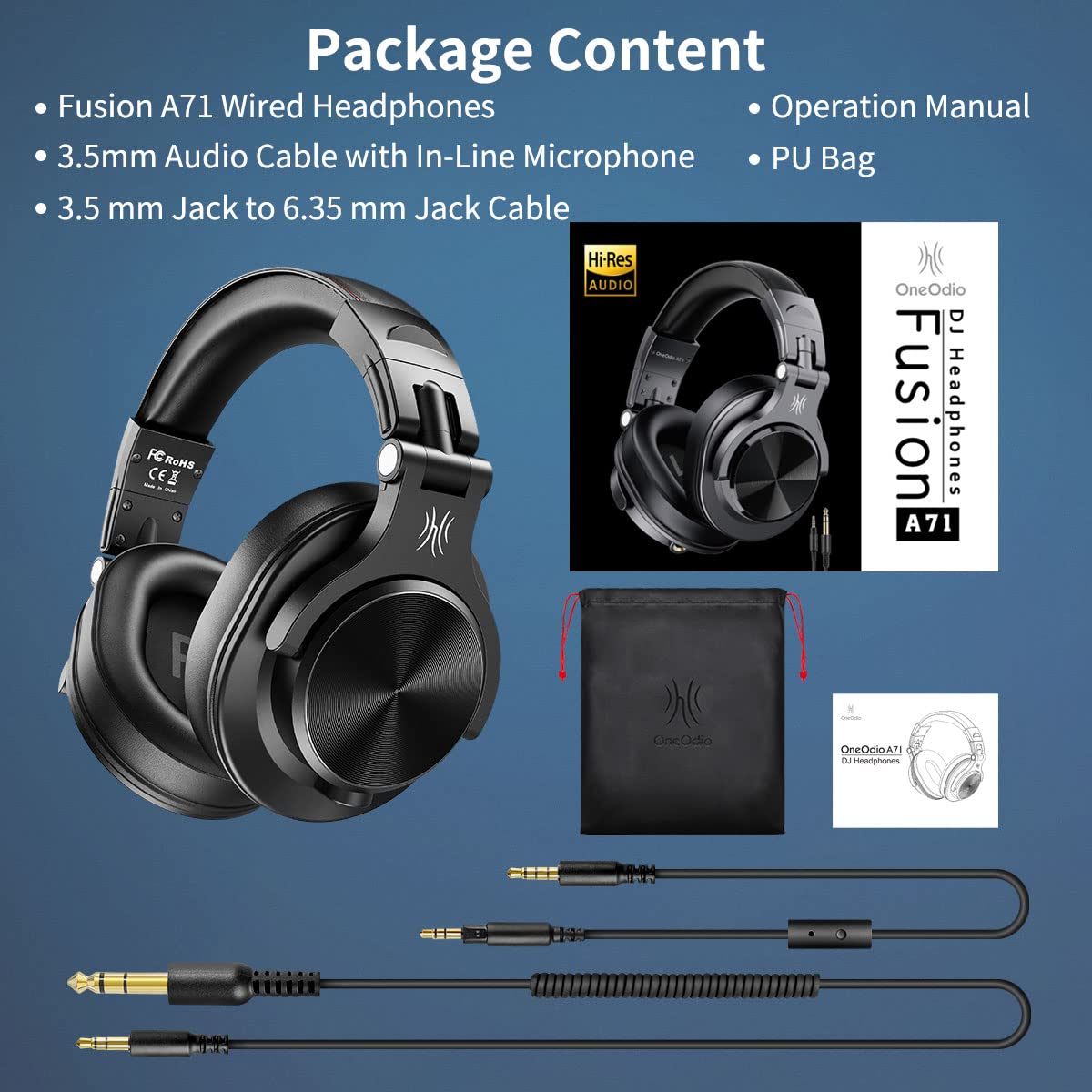 OneOdio A71 Hi-Res Studio Recording Headphones - Wired Over Ear Headphones with SharePort, Monitoring Mixing Foldable Headset with Stereo Sound, 3.5/6.35MM Jack for PC Computer DJ Guitar-Black