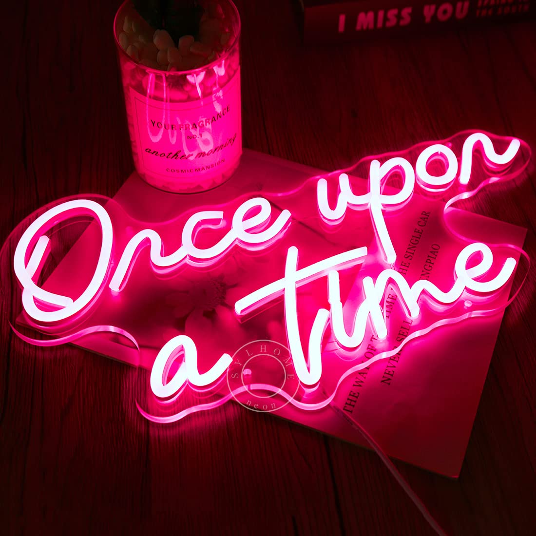 SYLHOME Once Upon A Time Pink LED Neon Light Sign Home Bedroom Kids Room Nursery Wall Decor Sign Words Art Wedding Birthday Bookshelf Decor Christmas Gifts 5V USB 15.8"X8.9"