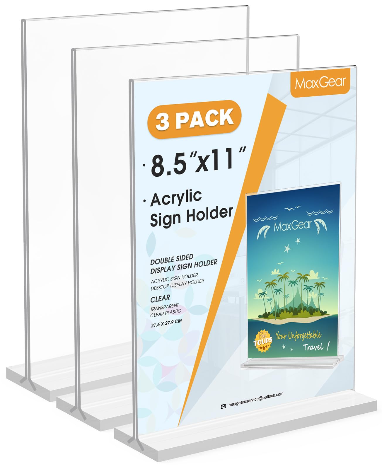 MaxGear 8.5x11 Acrylic Sign Holder 3 Pack, Clear Table Menu Display Stand Plastic Document Paper Holder Double Sided T Shape Sign Frame for Store, Restaurant, Hotels, Office